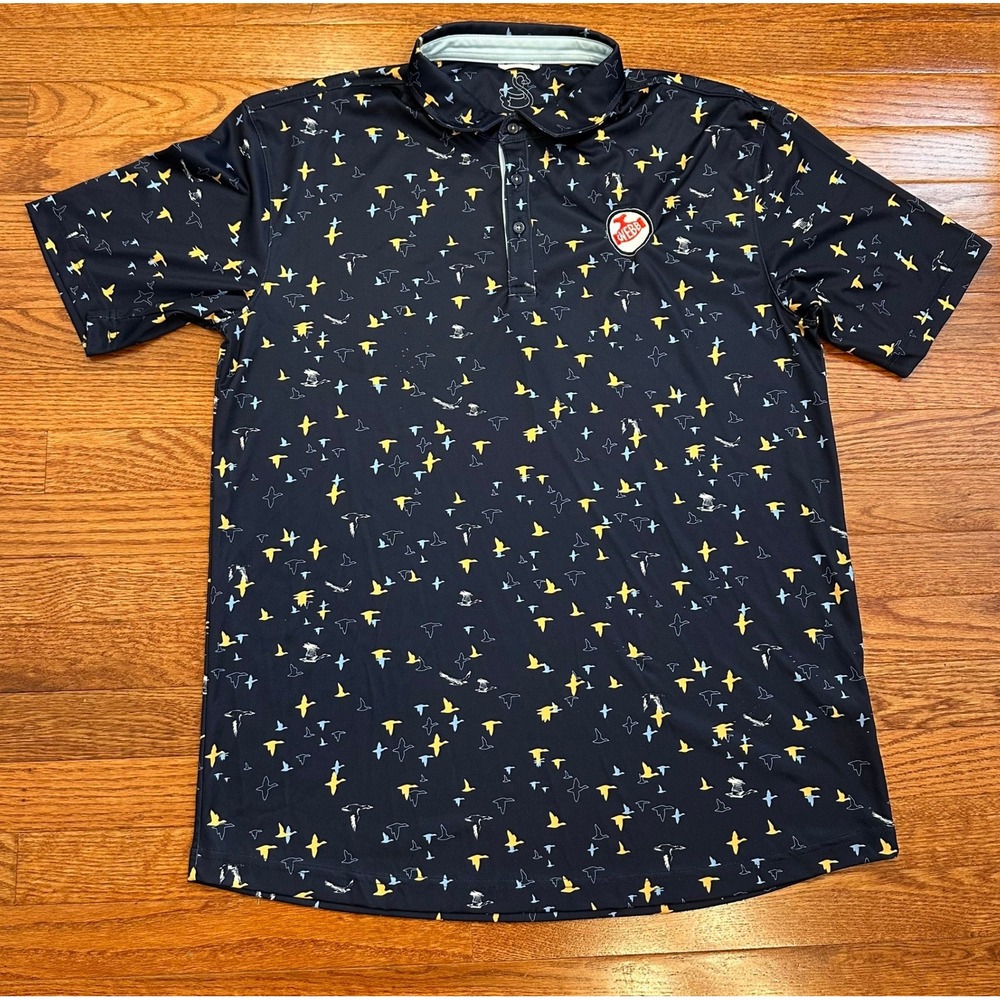 Swannies Golf Performance Polo‎ Shirt Fits Mens Large Blue Bird Print AOP Logo